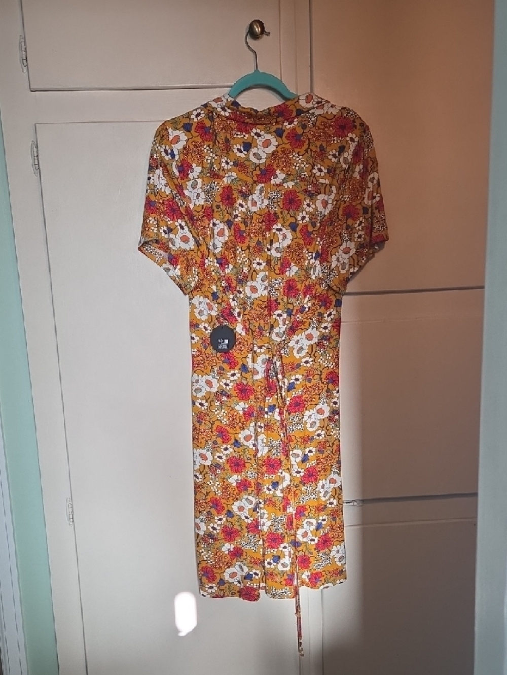 Women's Mustard Floral Midi Dress with Short Sleeves - Picture 3 of 4